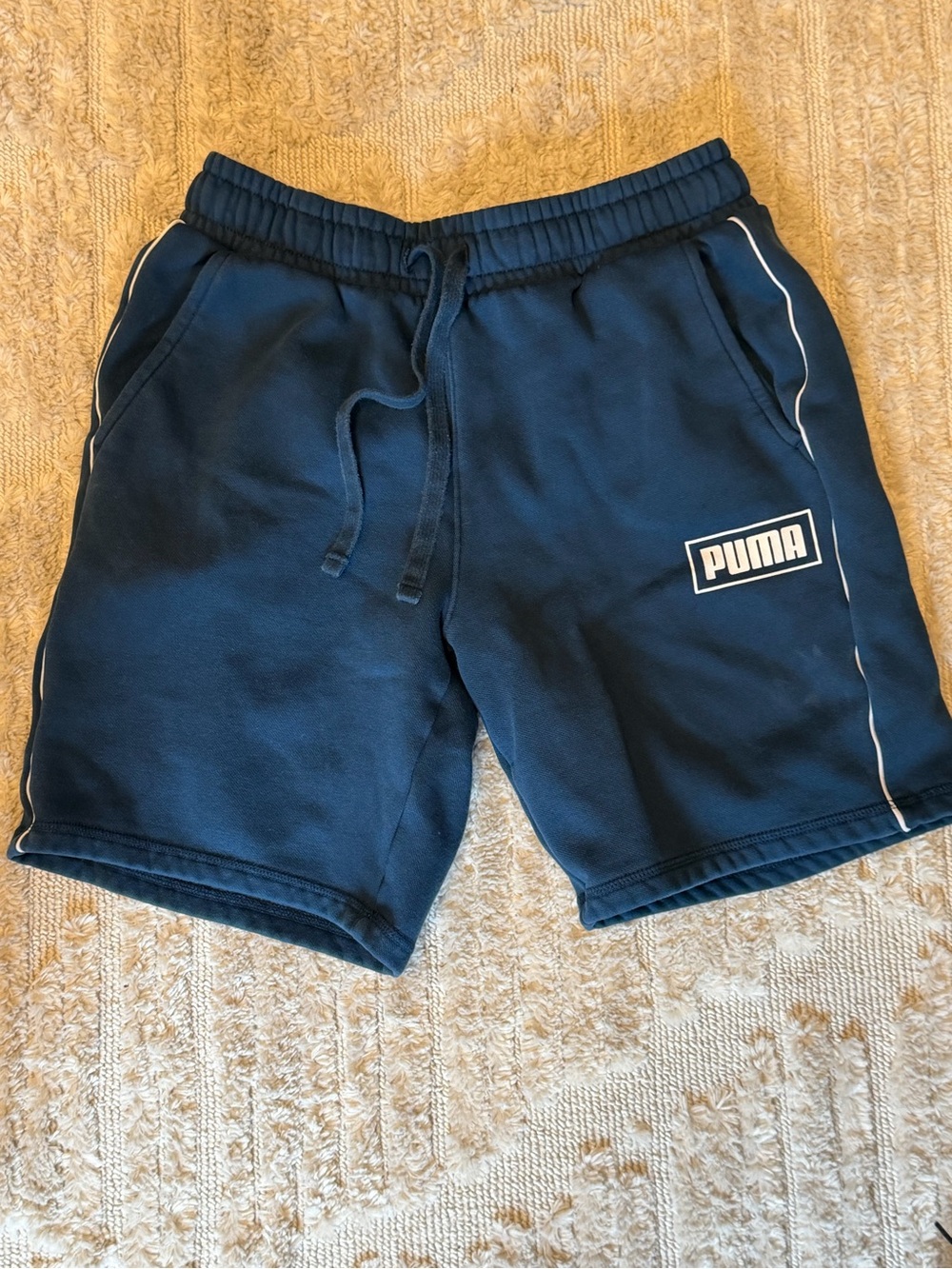Puma Navy Athletic Drawstring Shorts with White Piping